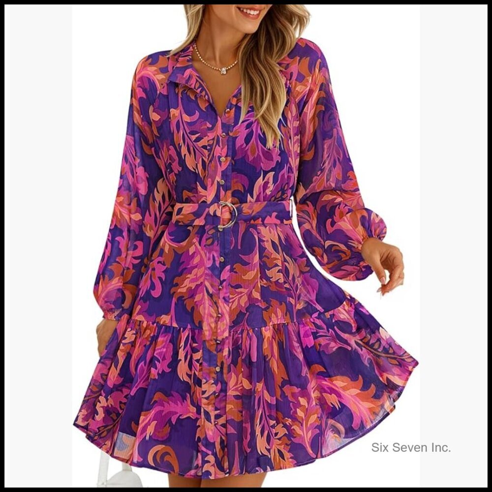 Long Sleeve Chiffon Button Front Mini Dress Floral Print A Line Swing